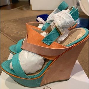 Turquoise/ orange wedge shoes